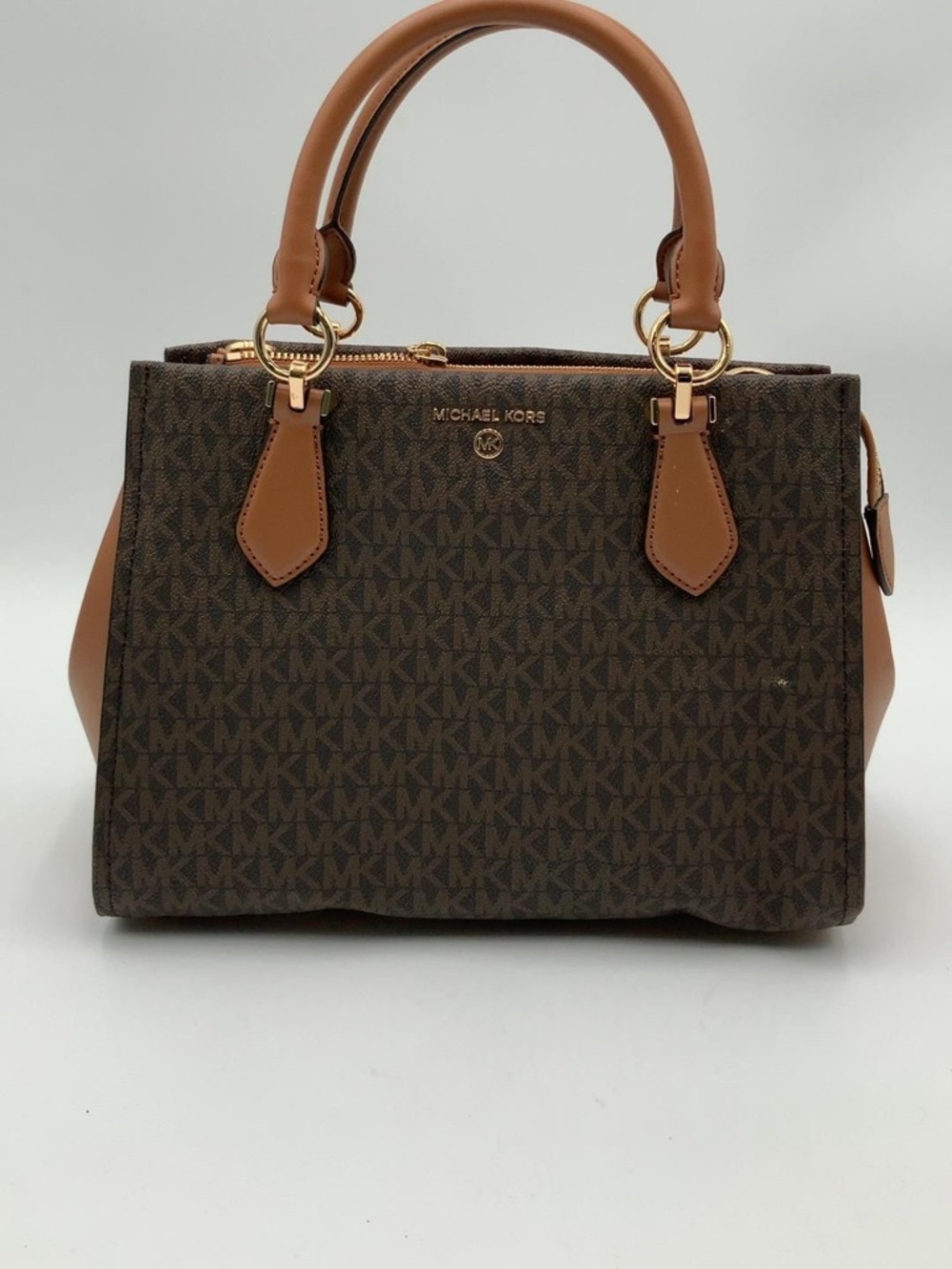 NWT Michael Kors Brown MK Monogram Satchel with Tan Leather Trim